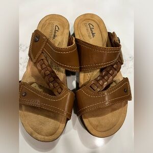 Clarks Tan Leather Slide Sandals